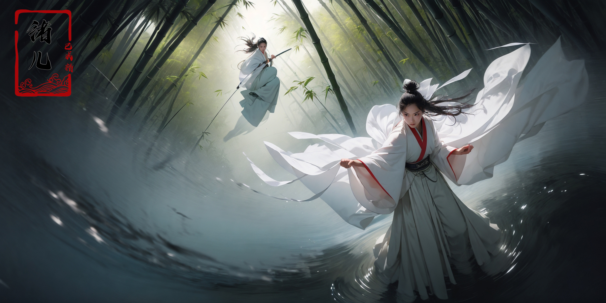 606247209521969088-3709877002-To shoot from above.  ，art by Zao Wou-ki，extreme close - up, focus on face, A woman in white Hanfu, wearing a white transparent.jpg